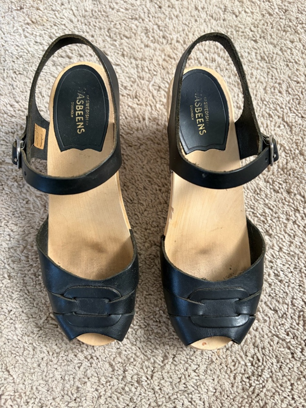 Swedish Hasbeens Black Leather Wooden Peep-Toe Heels